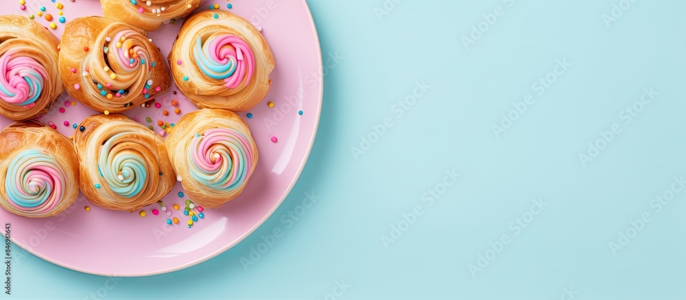 Fototapete Plate with assorted pastries in vibrant colors placed on a blue tabletop. with copy space image. Place for adding text or design