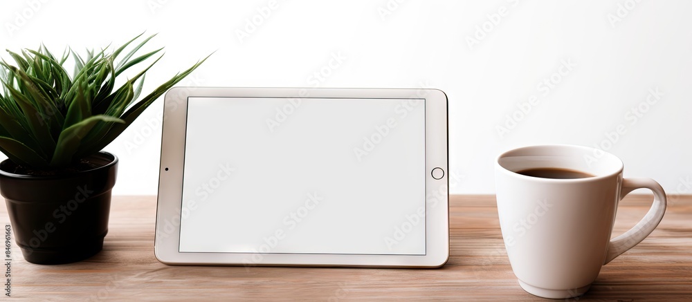 Aufkleber Tablet device with screen off placed next to a smartphone and a cup of coffee on a wooden table. with copy space image. Place for adding text or design