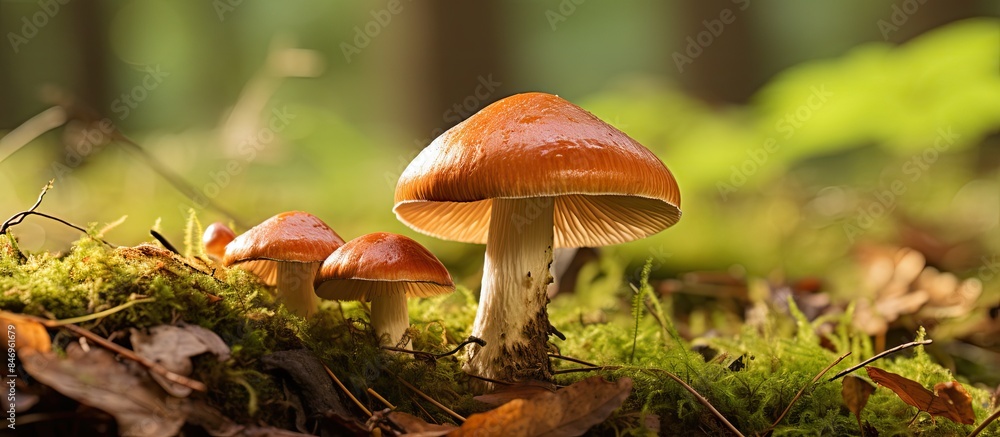 Poster mushrooms thriving on the verdant forest floor among moss, leaves, and grass, creating a natural com