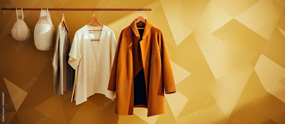 Poster Wool coat and blouse with geometric design displayed together on a rack in a fashion store. with copy space image. Place for adding text or design