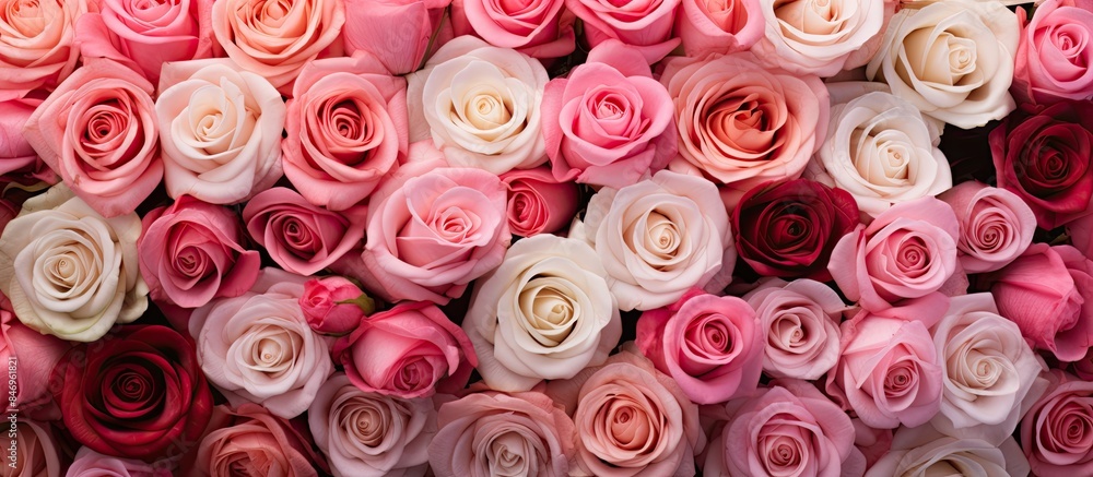 Poster a detailed view of a cluster of pink and white roses, showcasing their delicate beauty and colors. w