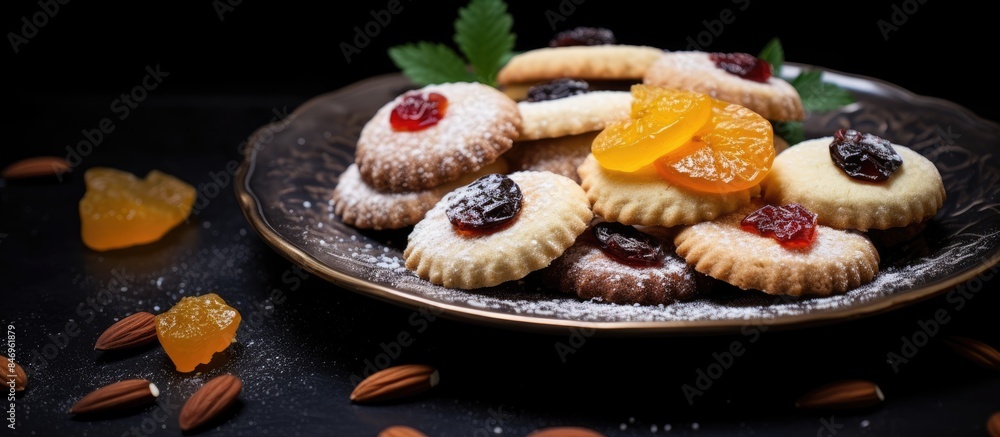 Poster assorted shortbread cookies topped with candied fruits and nuts arranged on a dark background. with 