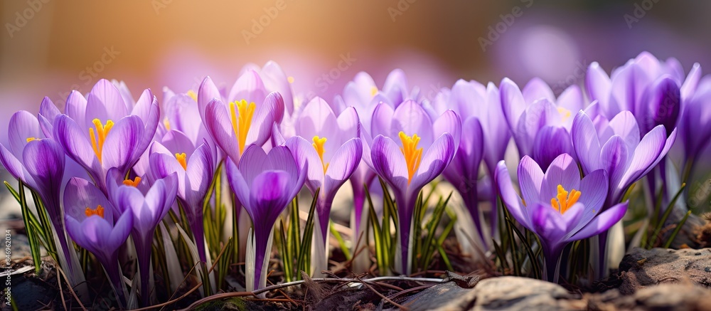 Aufkleber Violet crocuses, a type of Spring flower, are in full bloom under the sun's warm rays. with copy space image. Place for adding text or design