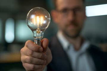 Light bulb in the hand of a businessman creative concept Focus on hand, closeup, blurry man