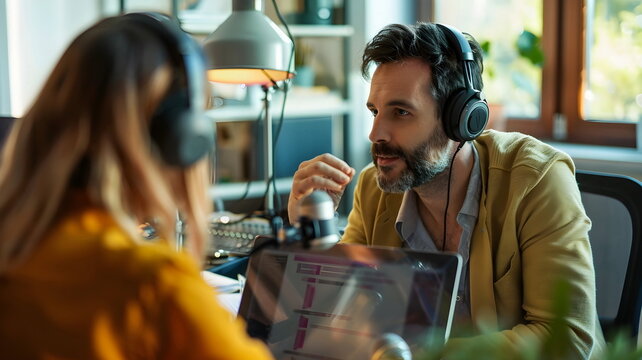 Man recording audio in an office with headphones on