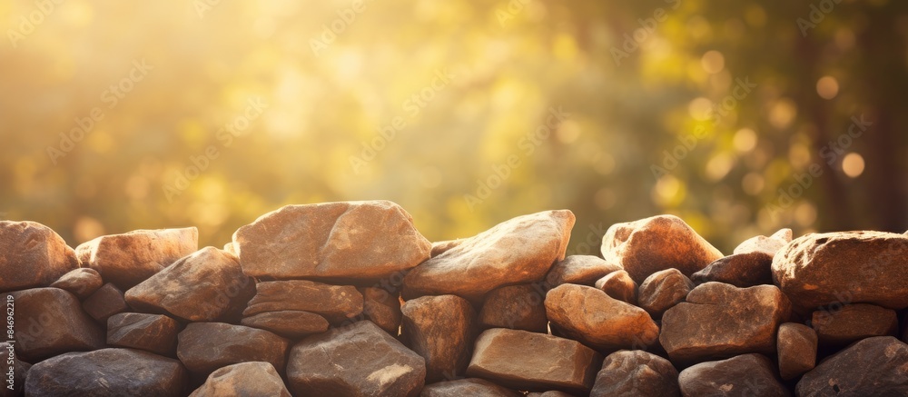 Poster Heap rocks basking sunlight creating stone wall under sunshine bright day. with copy space image. Place for adding text or design