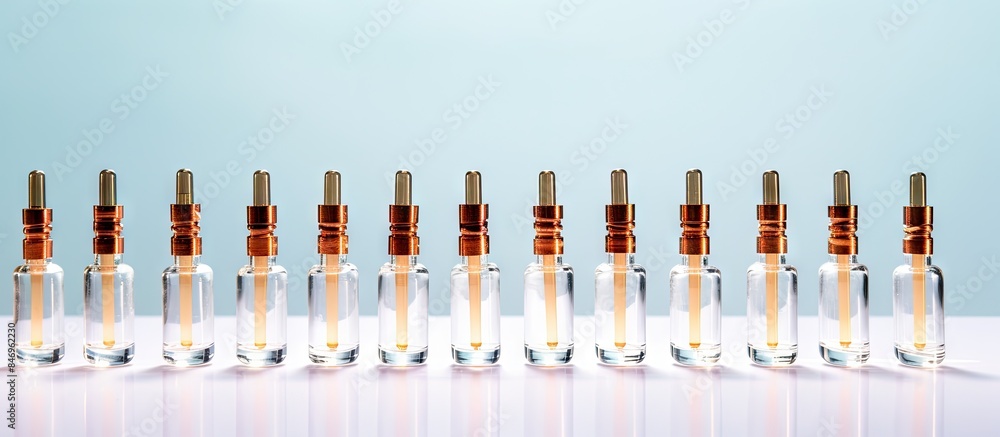 Poster Different types of perfumes are displayed in several small bottles lined up neatly, showcasing a variety of scents. with copy space image. Place for adding text or design
