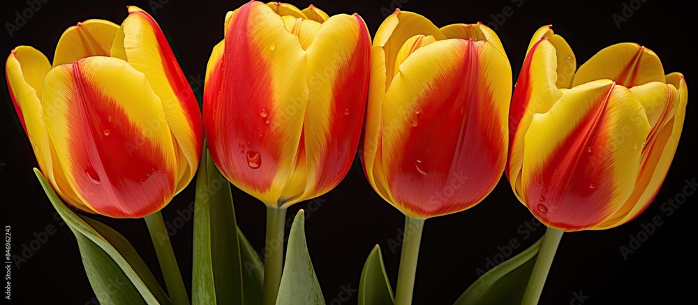 Aufkleber Three vibrant tulips, showcasing a color palette of red and yellow, enhanced by delicate water droplets. with copy space image. Place for adding text or design