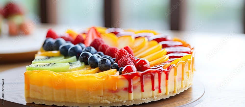 Leinwandbilder Cake adorned with fruits arranged on a plate, creating a colorful and appetizing homemade dessert. with copy space image. Place for adding text or design