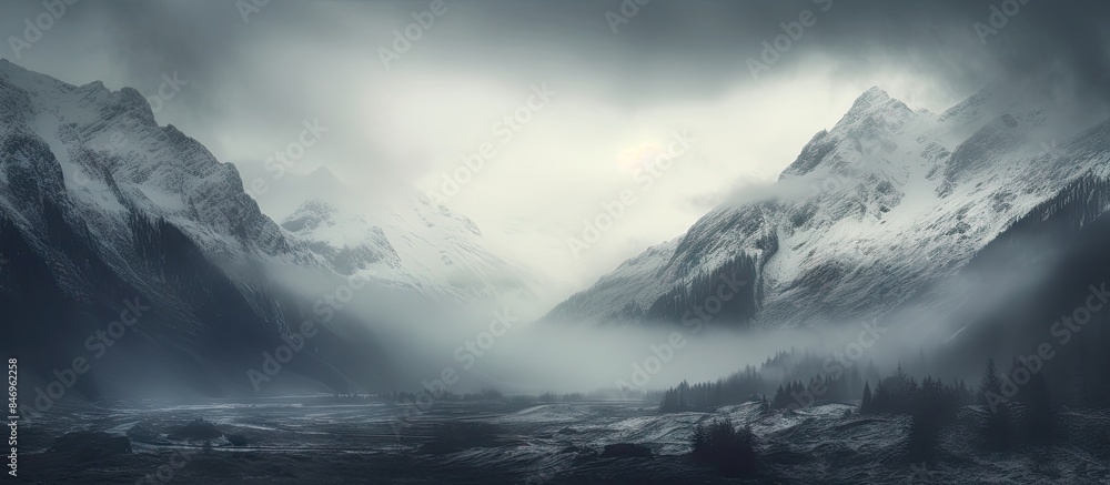 Poster River meandering in front of snow-covered peaks enveloped in mist, creating a serene and mystical atmosphere. with copy space image. Place for adding text or design