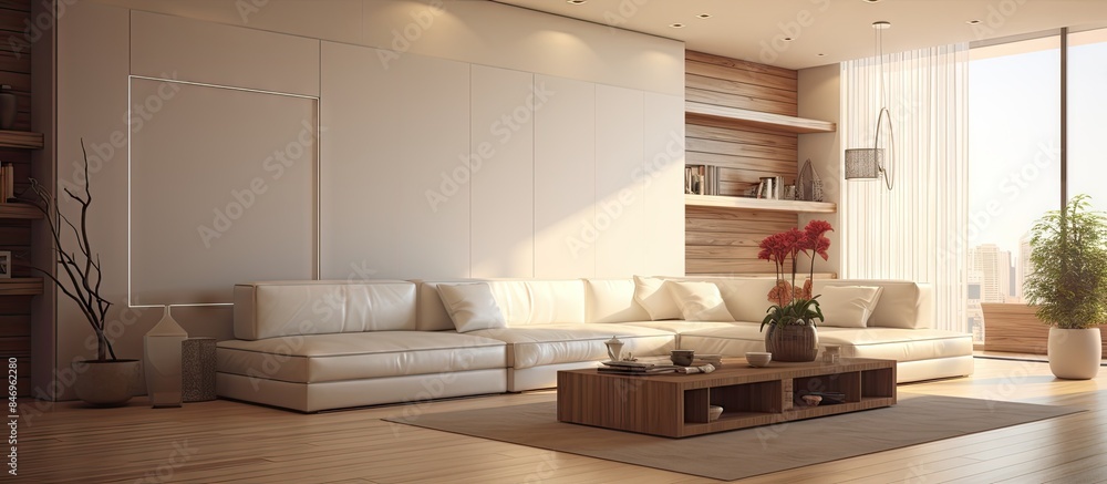 Aufkleber white couch with cushions in a contemporary lounge featuring a wooden coffee table. with copy space 