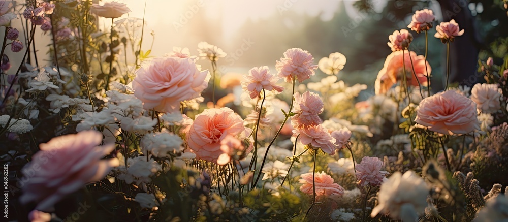 Fototapete lovely flowers displaying charming beauty as sunlight filters through trees in a vibrant field. with