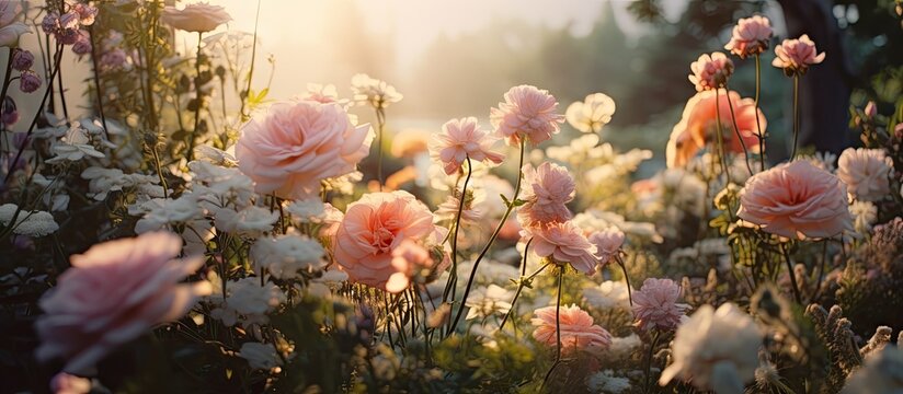 Lovely flowers displaying charming beauty as sunlight filters through trees in a vibrant field. with copy space image. Place for adding text or design