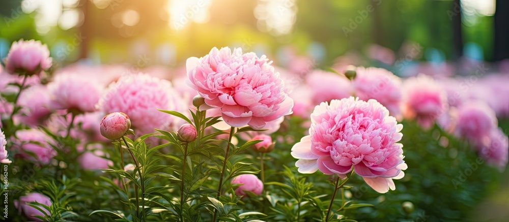 Poster pink blossoms blooming in a sunlit meadow, surrounded by trees. with copy space image. place for add