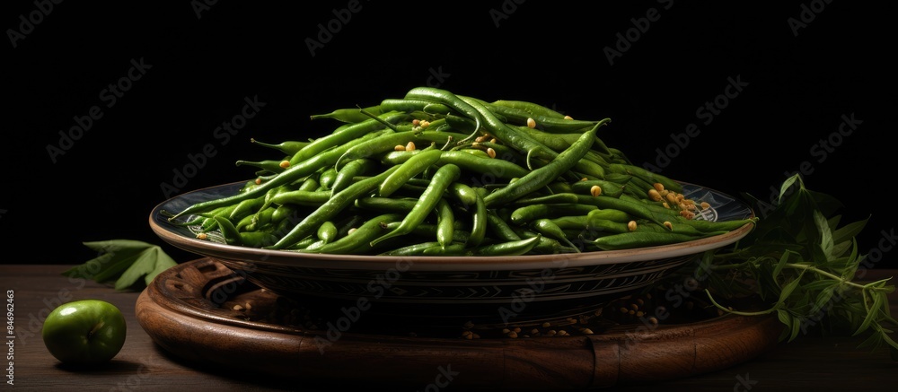 Poster string beans placed in a bowl on a flat surface, showcasing their vibrant green color. with copy spa
