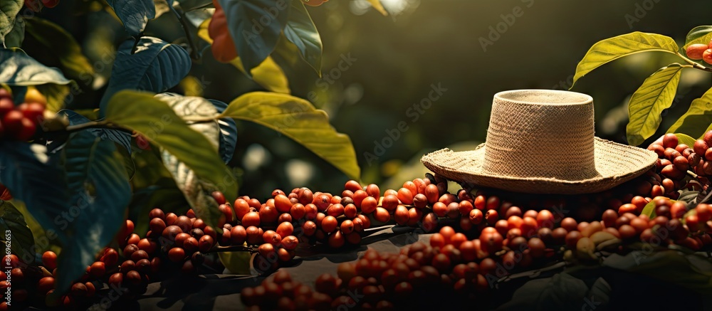 Aufkleber Straw hat casually placed on a tree branch adorned with vibrant berries, creating a serene and natural composition. with copy space image. Place for adding text or design