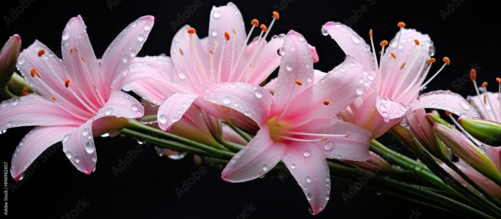 Poster pink zephyranthes lily flowers, also known as rain lilies, covered in delicate water droplets, set a