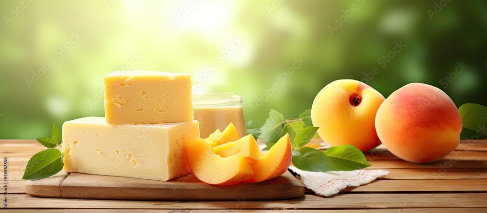 Leinwandbilder three pieces of cheese and two peaches are placed on a wooden cutting board, with a bright backgroun