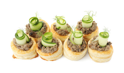 Delicious puff pastry with mushrooms, cucumber and dill isolated on white