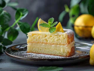 Delicious lemon cake topped with lemon wedges and mint, dark background for contrast, sophisticated and inviting, detailed presentation