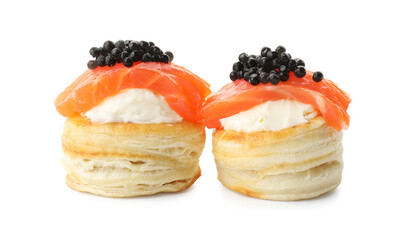 Delicious puff pastry with cream cheese, salmon and black caviar isolated on white