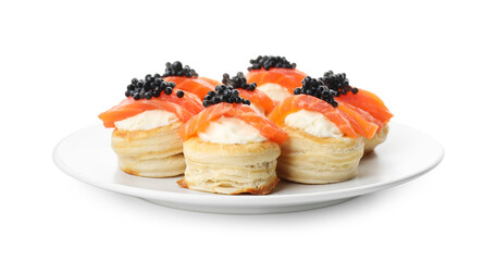 Delicious puff pastry with cream cheese, salmon and black caviar isolated on white