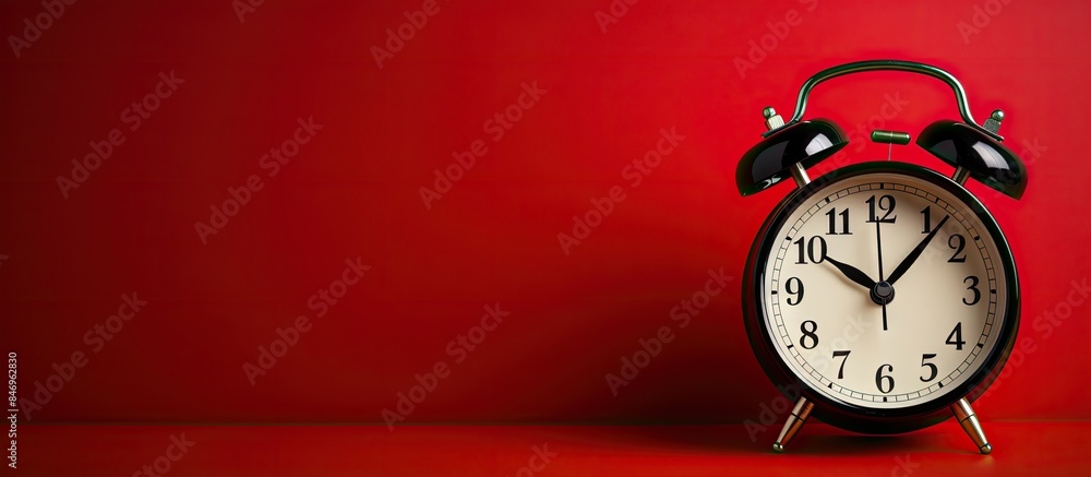 Poster Red classic alarm clock placed on a dark red and black textured background, creating a vintage look. with copy space image. Place for adding text or design