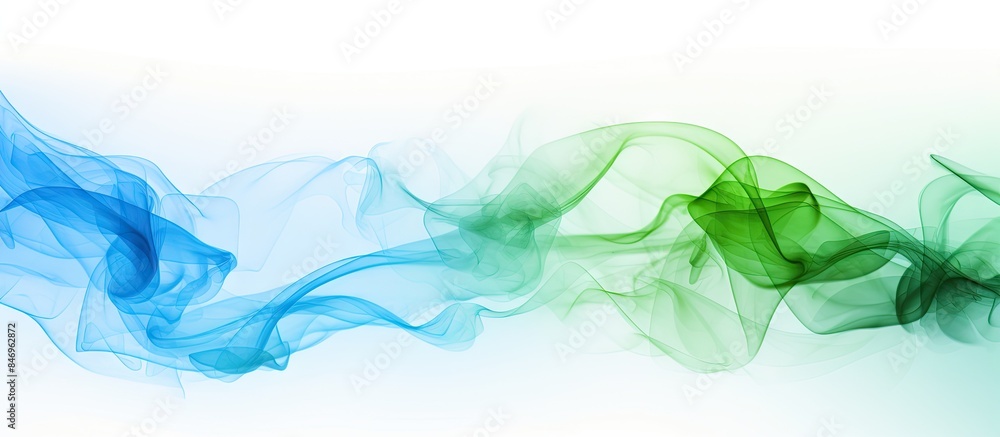 Aufkleber Smoke swirling in the air on a clean white background creating abstract patterns in green and blue hues. with copy space image. Place for adding text or design