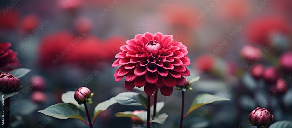 Fototapete fully bloomed burgundy flower surrounded by budding blooms in soft focus. with copy space image. pla