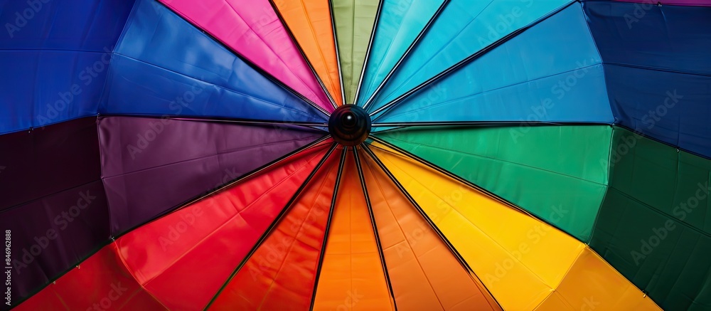 Poster Vibrant rainbow-colored umbrella with a black handle and canopy in a circular color wheel pattern. with copy space image. Place for adding text or design