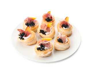 Delicious puff pastry with cream cheese, ham, black caviar and peach isolated on white