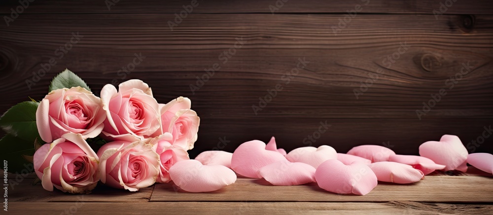 Aufkleber pink roses and scattered petals placed on a wooden table contrasting with a dark background. with co