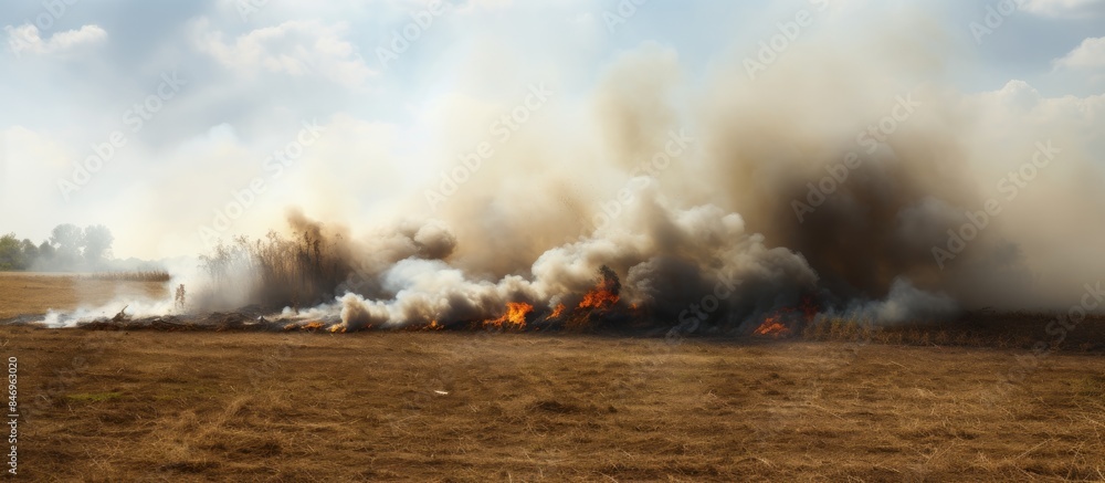 Poster Blaze engulfing a grassy area, producing substantial smoke and creating a hazardous situation. with copy space image. Place for adding text or design