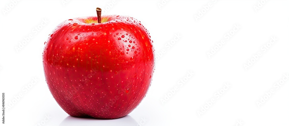 Poster juicy red apple covered in glistening water droplets, isolated on a white background. with copy spac