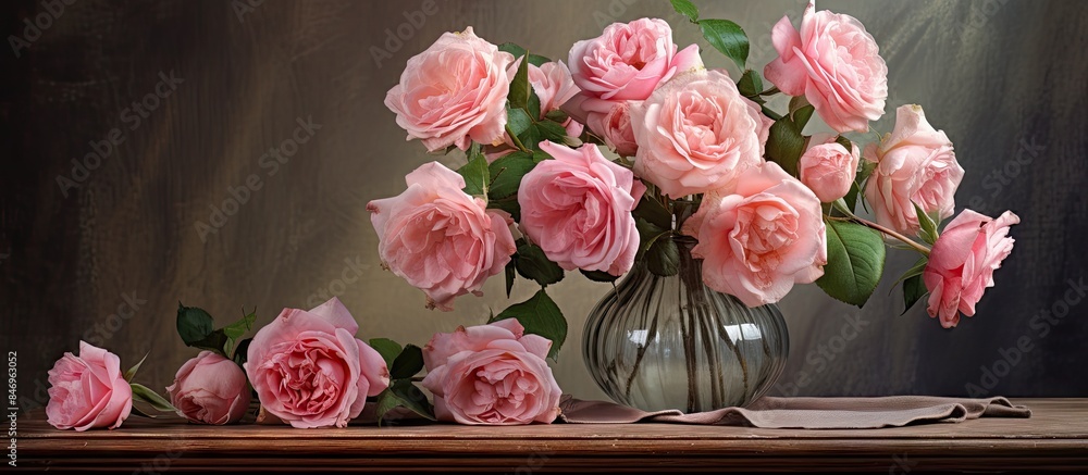 Leinwandbilder arrangement of delicate pink roses displayed in a transparent glass vase set gracefully on a table. 