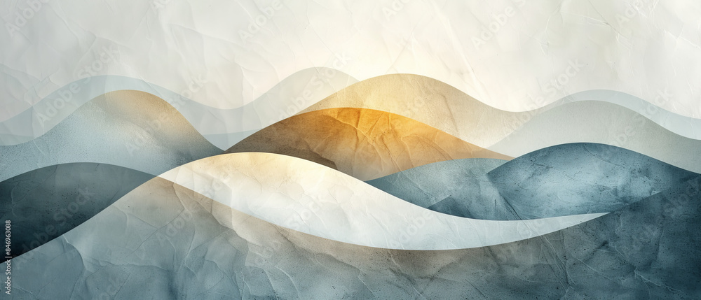 Poster abstract art featuring simple shapes and a muted color palette of soft blue, light gray, and pale ye