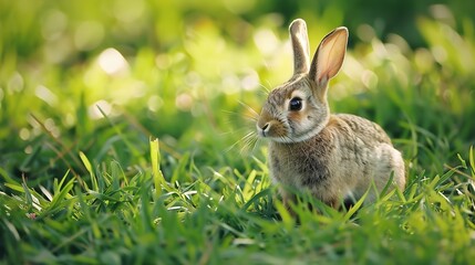 field rabbit Oryctolagus cuniculus in a green meadow of wild grass in Humilladero Malaga province Andalusia Spain : Generative AI