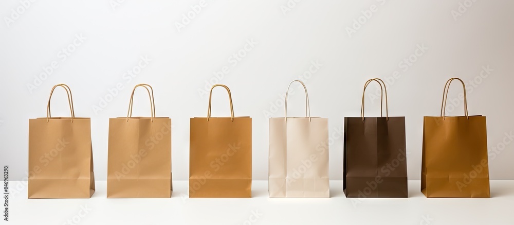 Fototapete several paper bags in brown and white colors neatly lined up on the table surface. with copy space i