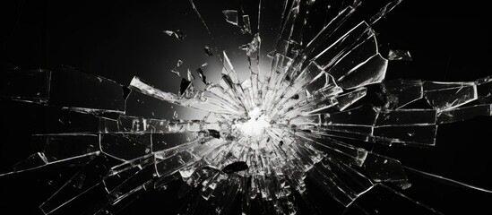 Close-up view of a shattered glass window against a black background. with copy space image. Place for adding text or design