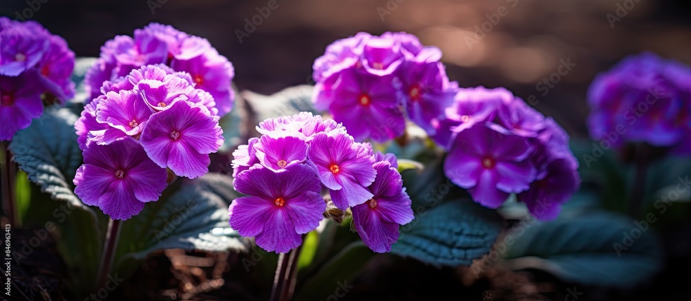 Poster Purple primula flowers captured in a macro shot showcasing intricate details. with copy space image. Place for adding text or design