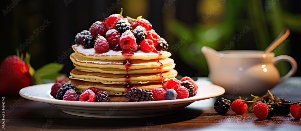 Leinwandbilder delicious pancakes topped with vibrant berries and creamy goodness, accompanied by a steaming cup of