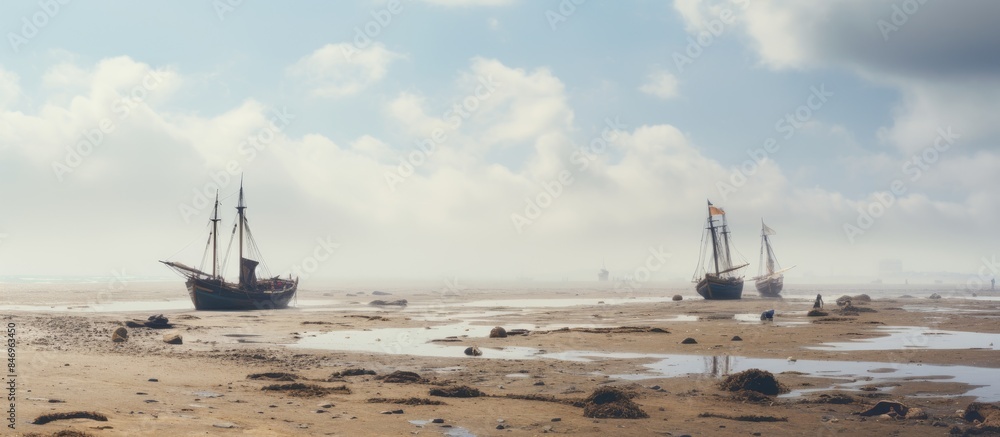 Leinwandbilder ships rest on the exposed muddy sand at low tide on the ocean during the day. with copy space image.