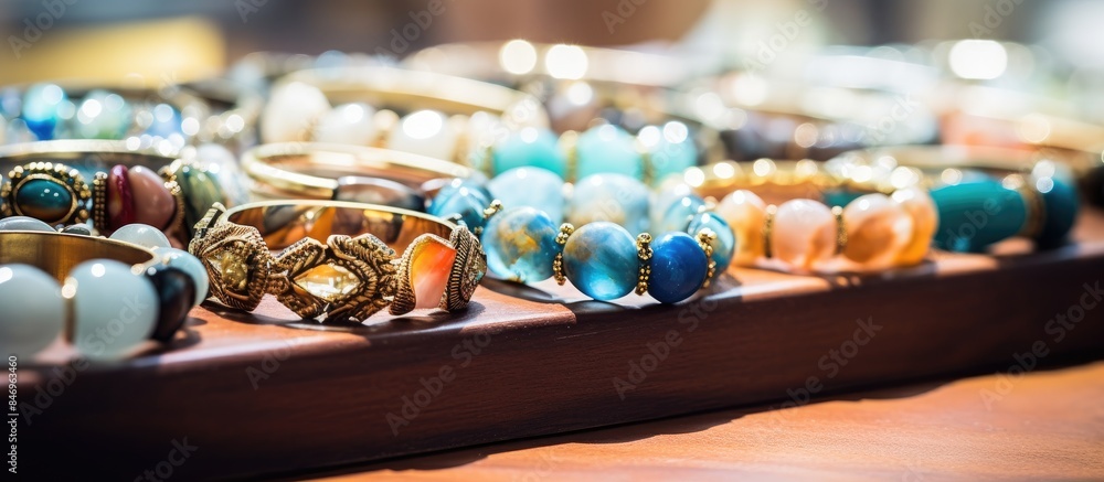 Poster Close-up view of various rings and bracelets showcased on a rustic wooden table. Handcrafted bracelets with gemstones on jewelry store display. with copy space image. Place for adding text or design