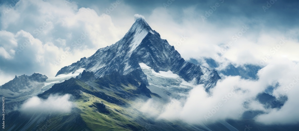 Poster towering mountain peak cutting through the misty clouds, ideal for adventurous hiking expeditions. w