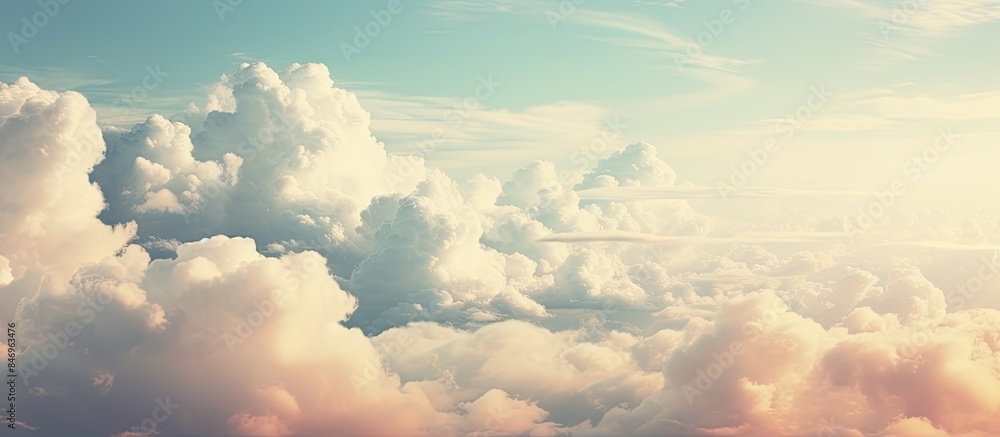 Poster Flying through the sky, a plane navigates through the fluffy clouds in a vintage retro style. with copy space image. Place for adding text or design