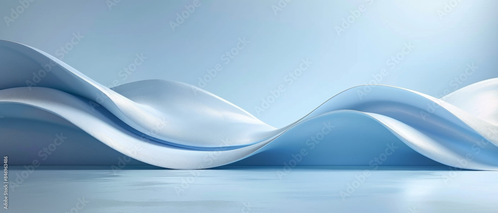 Poster clean 3d background with a single thin curved line in light blue, casting a soft shadow on a muted g