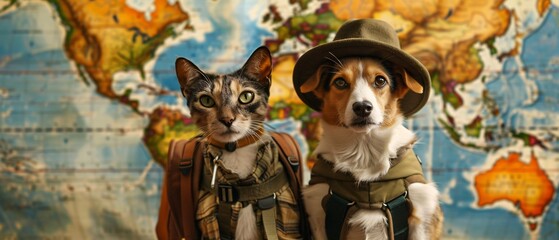 Dynamic Duo: Dog and Cat Explorers in Map-themed Adventure Setting