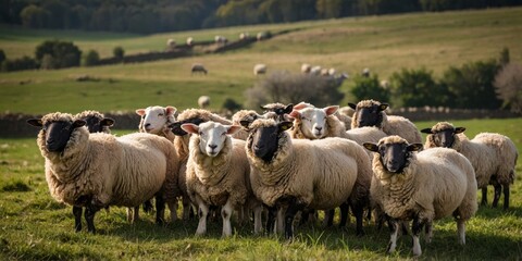 Obraz premium Photo of a picturesque herd of sheep grazing in an idyllic rural setting with green hills and a clear sky in the background