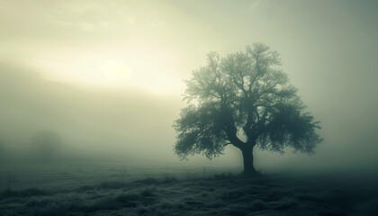 Misty morning with lonely tree