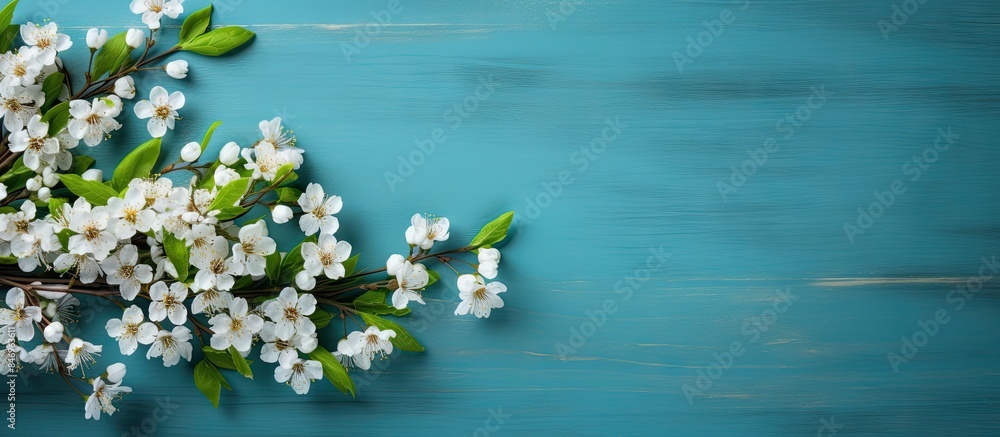 Aufkleber blooming tree branch set against blue wooden backdrop, capturing the essence of spring. with copy sp